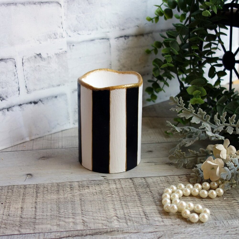 Black and White Stripe Candle Flickering Flameless Stripe Decor Courtly Decor
